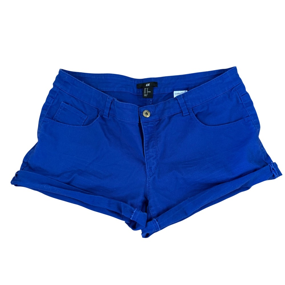 H&M Cobalt Blue Denim Shorts Cuffed Mid Rise Summer Festival Size 12